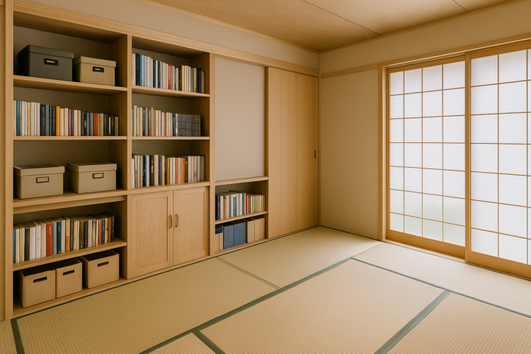 伝統的な和室に造作の木製収納棚が設けられたすっきりとした空間