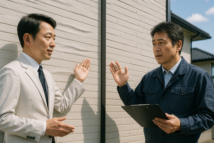 ハウスメーカーの担当者と地元リフォーム会社の職人が、住宅の外壁について比較・相談している様子